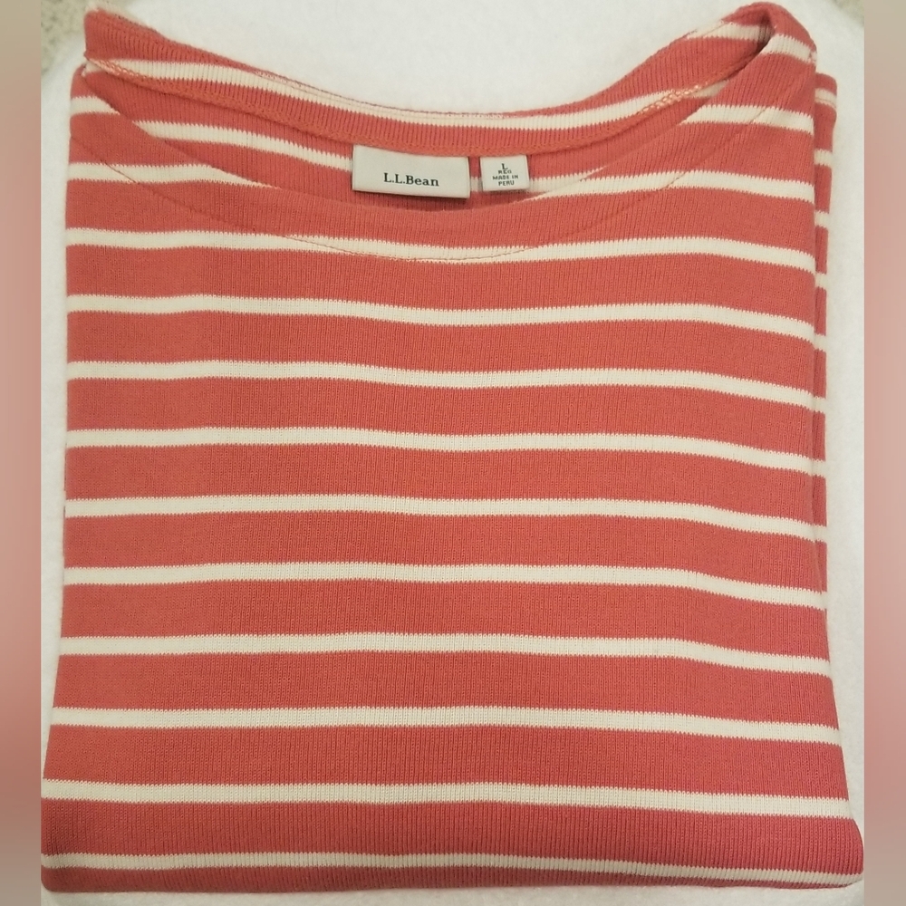 L.L. Bean Coral and White Striped Cowlneck Sweater